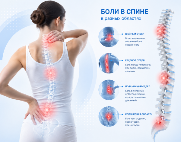 Причины боли в спине в разных областях